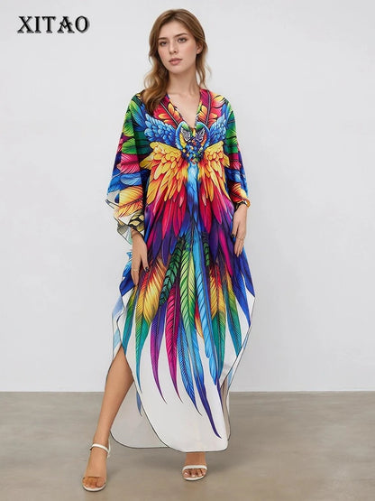 XITAO Feather Print Pullover Loose Dress Bat Wing Sleeve V-neck Vintage Side Slit A-line Casual Summer Woman Trend Dress GJ1176