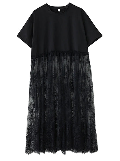 XITAO Patchwork Lace Perspective Pullover Dress Solid Color O-neck Short Sleeve Loose Casual Temperament Women Dress ZMY1245