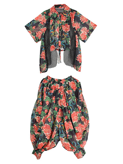XITAO Hollow Out Asymmetrical Print Sets Turn-down Collar Loose Short Sleeve Personality Elastic Waist Woman Sets GYX1664
