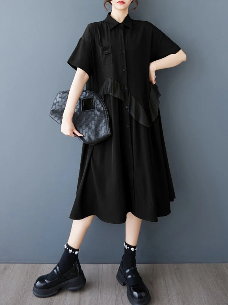 XITAO Single Breasted Mesh Patchwork Dress Turn-down Collar Casual Solid Color Short Sleeve A-line Summer Women Dress ZMY1198