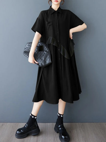 XITAO Single Breasted Mesh Patchwork Dress Turn-down Collar Casual Solid Color Short Sleeve A-line Summer Women Dress ZMY1198