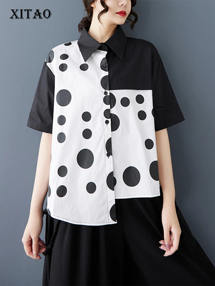 XITAO Patchwork Polka Dot Asymmetric Lapel Shirt Casual Turn-down Collar Short Sleeve Single Breasted Summer Blouse HQQ2453