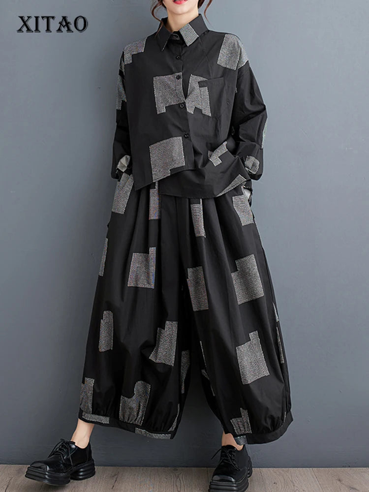 XITAO Loose Print Autumn Two Piece Set Full Sleeve Irregular Top  Lantern Wide Leg Pants Fashion Casual 2024 Women Set HQQ2374