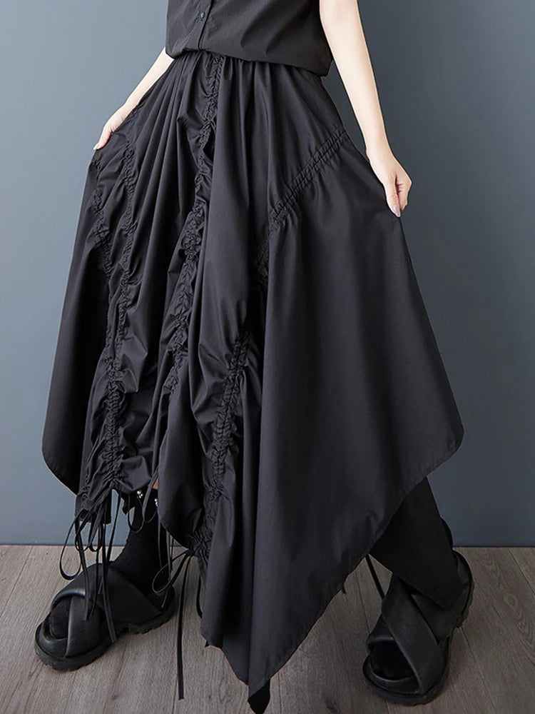 XITAO Shirring Bandage Asymmetrical Pocket Skirt Solid Color Patchwork Elastic Waist A-line Mid-calf Casual Slim Skirt HQQ2462