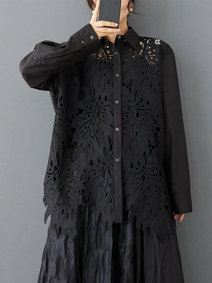 XITAO Hollow Out Lace Patchwork Women Shirt Single Breasted Turn-down Collar Solid Color Long Sleeve Loose All Match Top ZY8934