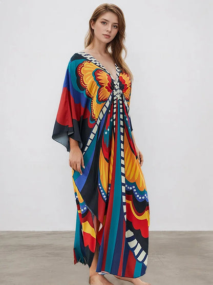 XITAO Pullover V-neck Loose Dress Butterfly Print Side Slit Bat Wing Sleeve Personality Loose Casual Summer Woman Dress GJ1154