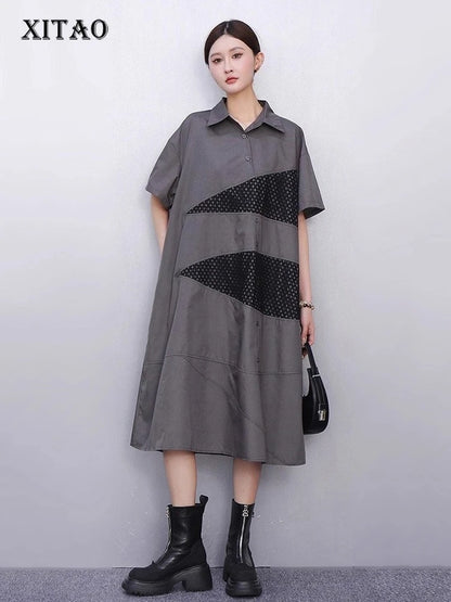 XITAO Hollow Out Patchwork Gauze Dress New Arrival Turn-down Collar Short Sleeve Pocket Loose Elegant Woman Woman Dress HQQ2512