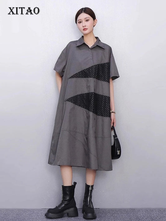 XITAO Hollow Out Patchwork Gauze Dress New Arrival Turn-down Collar Short Sleeve Pocket Loose Elegant Woman Woman Dress HQQ2512