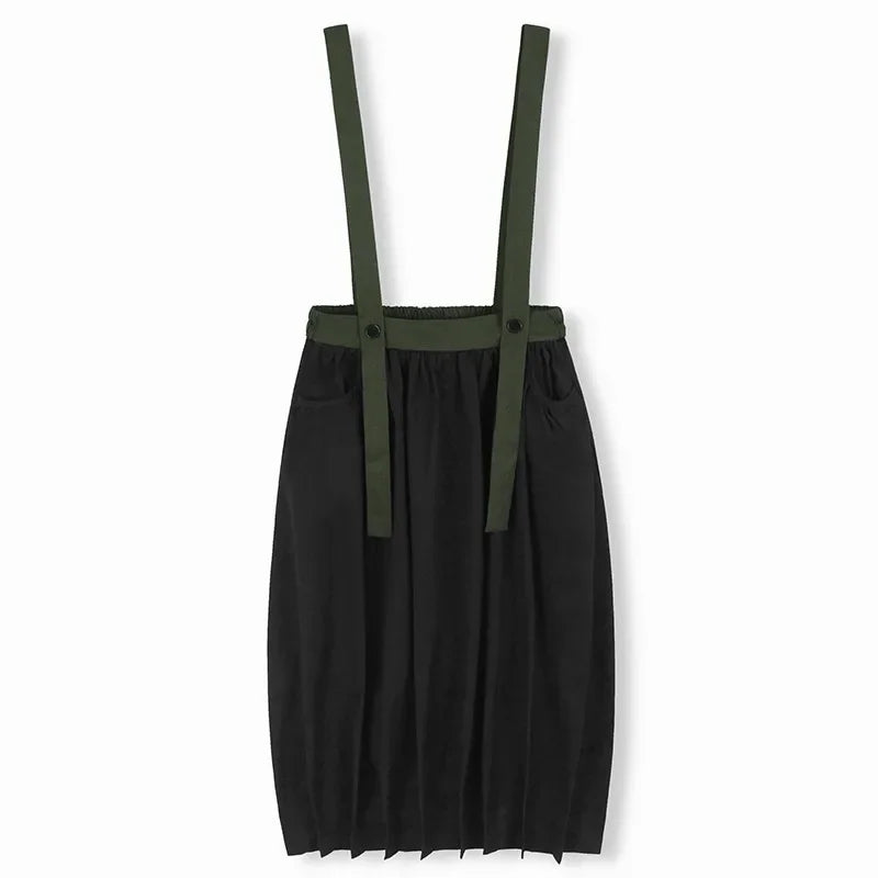 XITAO Contrast Color Fold Suspenders Skirt Pocket Patchwork Elastic Waist Loose Slimming All Match Casual Mid-calf Skirt GMM1250