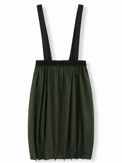 XITAO Contrast Color Fold Suspenders Skirt Pocket Patchwork Elastic Waist Loose Slimming All Match Casual Mid-calf Skirt GMM1250