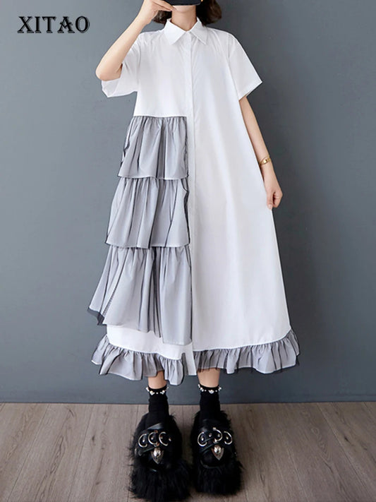 XITAO Patchwork Mesh Pleated Dress Turn-down Collar Casual Solid Color Short Sleeve Loose Fitting Summer Female Dress ZMY1069