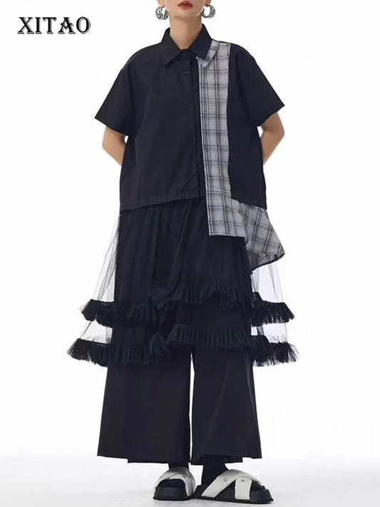 XITAO Loose Plaid Patchwork Shirt Dress Personality Mesh Women Summer Temperament All-match Turn-down Collar Dress ZMY1394