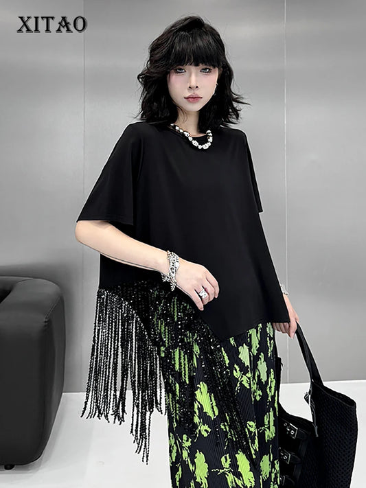 XITAO Tassel Patchwork Asymmetrical T-Shirts Solid Color O-neck Short Sleeve Pullover Fashion All Match Temperament Top ZMY1177