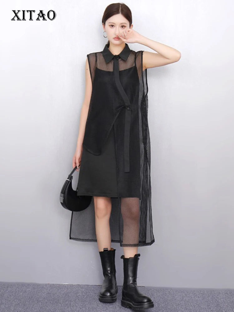 XITAO Asymmetrical Mesh Sleeveless Loose Dress Hollow Out Temperament Solid Color Elegant Casual Summer Woman Dress ZMY1276