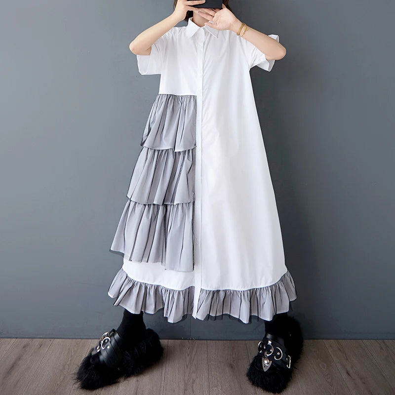 XITAO Patchwork Mesh Pleated Dress Turn-down Collar Casual Solid Color Short Sleeve Loose Fitting Summer Female Dress ZMY1069