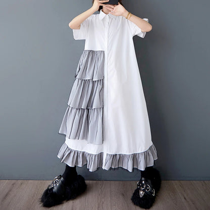 XITAO Patchwork Mesh Pleated Dress Turn-down Collar Casual Solid Color Short Sleeve Loose Fitting Summer Female Dress ZMY1069