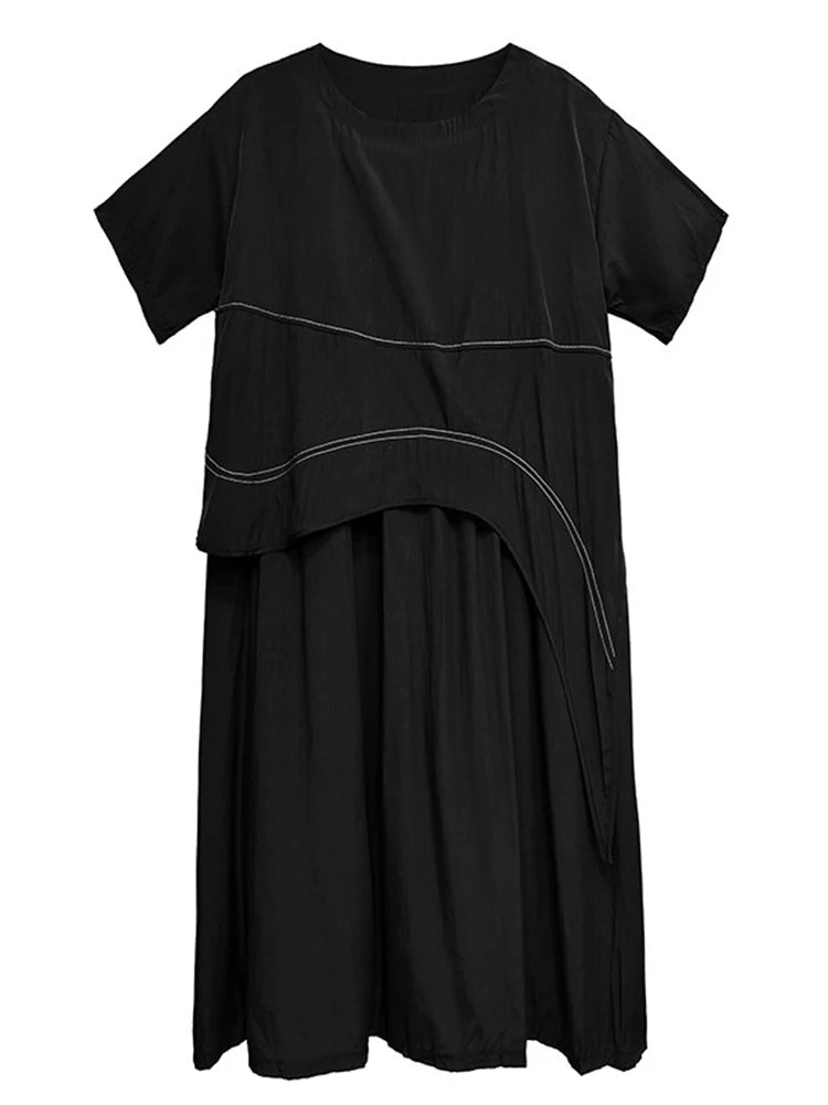 XITAO Patchwork Solid Color Loose Dress O-neck Short Sleeve A-line Pullover Slimming Temperament Summer Woman Dress ZMY1379