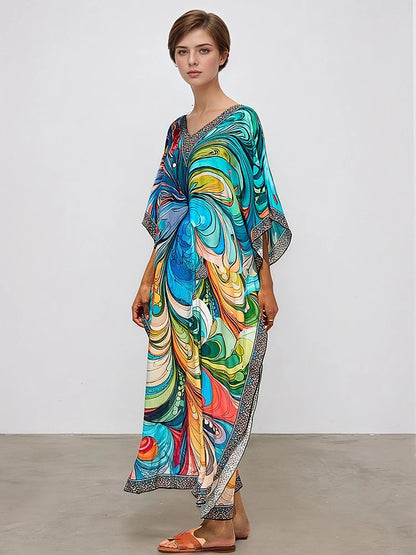 XITAO Bat Wing Sleeve V-neck Vintage Dress Side Slit Print Pullover Loose Temperament Summer Woman Ankle-length Dress GJ1195
