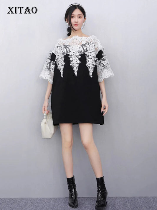 XITAO Lace Patchwork Contrast Color Dress O-neck Pullover Short Sleeve Loose Temperament All Match Vintage Casual Dress ZMY1246