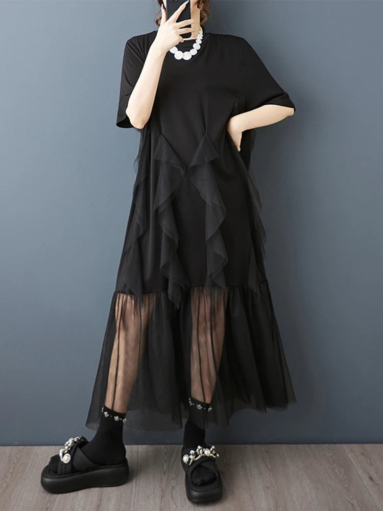 XITAO Gauze Patchwork Asymmetrical Dress Solid Color Pullover O-neck Short Sleeve A-line Slimming All Match Casual Dress ZMY1355