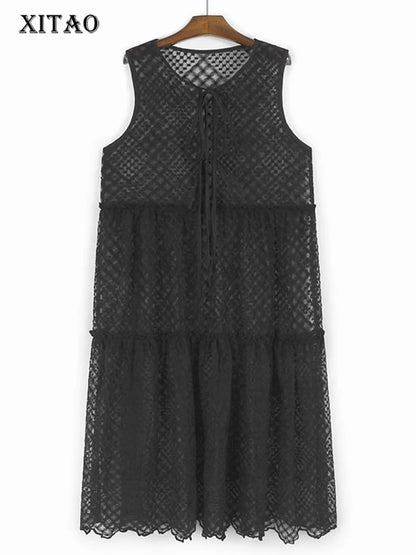 XITAO Hollow Out Laced Up O-neck Dress Solid Color Sleeveless A-line Fashion Match Slimming Sweet Summer Female Dress ZMY1333
