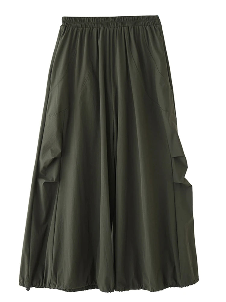 XITAO Shirring Pocket Patchwork Pant Solid Color Elastic Waist Casual Slimming All Match Loose Wide Leg Pants Spring ZY8935