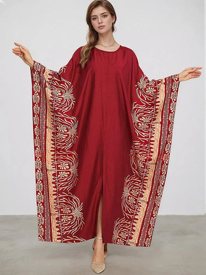 XITAO O-neck Bat Wing Sleeve Vintage Dress Side Slit Print Pullover Loose Temperament Summer Woman Ankle-length Dress GJ1191