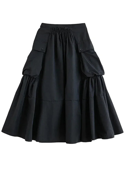 XITAO Personality Folds Patchwork Pocket Skirt Solid Color All-match Women Spring New Arrival Trend Street Wind Skirt LYD1228