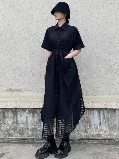 XITAO Pocket Bandage Irregular Female Dress Patchwork Hollow Out Solid Color Loose Slimming Summer Woman Shirt Dress ZMY1237