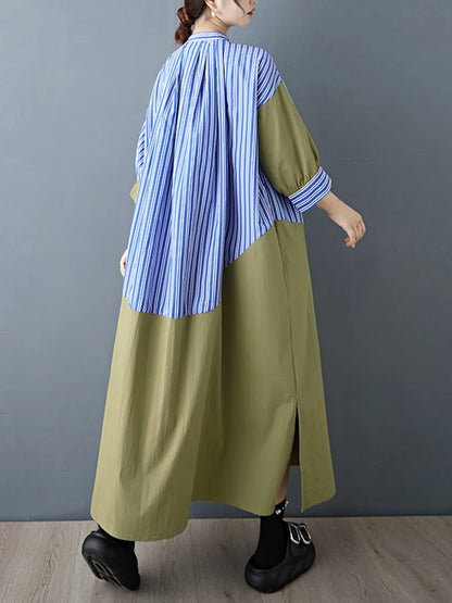 XITAO Contrast Color Striped Casual Dress Patchwork Single Breasted Stand Collar Vintage Side Slit Summer Woman Dress ZMY1365