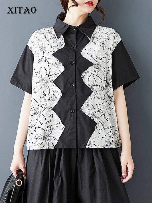 XITAO Patchwork Contrast Color Single Breasted Shirt Casual Loose New Arrival Turn-down Collar Personality Summer Blouse HQQ2459