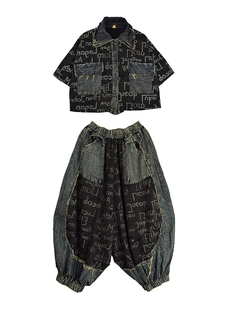 XITAO Letter Print Pocket Patchwork Pant Sets Single Breasted Turn-down Collar Half Sleeve Top Elastic Waist Loose Pant GYX1579