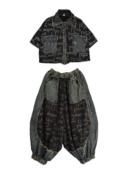 XITAO Letter Print Pocket Patchwork Pant Sets Single Breasted Turn-down Collar Half Sleeve Top Elastic Waist Loose Pant GYX1579