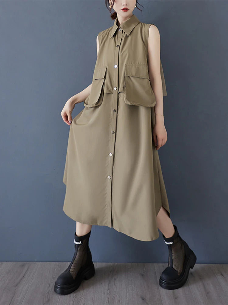 XITAO Single Breasted Turn-down Collar Pocket Dress Casual Loose Fitting Personality Fashion Korea Summer Female Dress ZMY1193