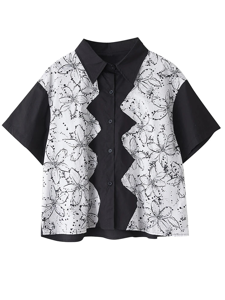 XITAO Patchwork Contrast Color Single Breasted Shirt Casual Loose New Arrival Turn-down Collar Personality Summer Blouse HQQ2459