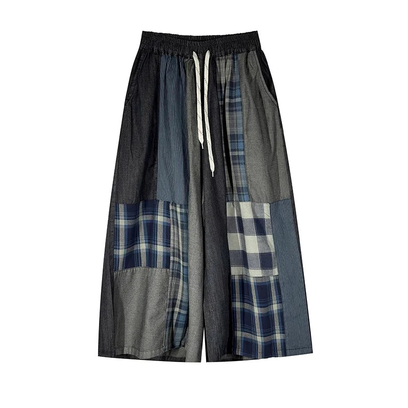 XITAO Patchwork Plaid Loose Pants Contrast Color Elastic Waist New Arrival Summer All-match Woman Wide Leg Pants ZMY1238