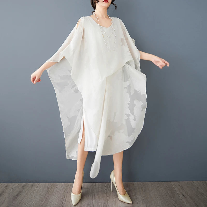 XITAO Asymmetrical Side Split Hollow Out Fold Women Dress Gauze Patchwork O-neck Pullover Loose Mid-calf Casual Dress ZMY1048