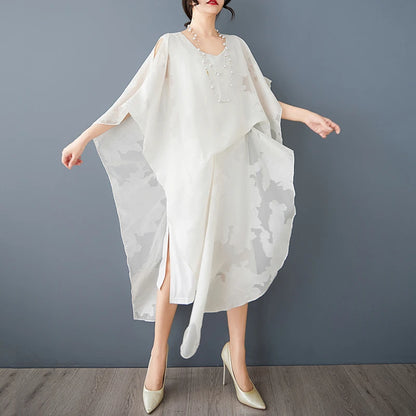 XITAO Asymmetrical Side Split Hollow Out Fold Women Dress Gauze Patchwork O-neck Pullover Loose Mid-calf Casual Dress ZMY1048