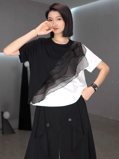 XITAO Gauze Patchwork Contrast Color T-Shirt O-neck Short Sleeve Loose All-match Personality Summer Woman T-shirt ZMY1265