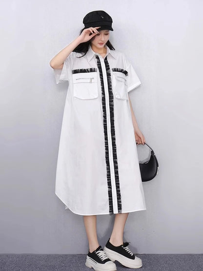 XITAO Patchwork Pocket Contrast Color Dress Turn-down Collar Single Breasted A-line Loose Fitting Simple Summer Dress ZMY1371