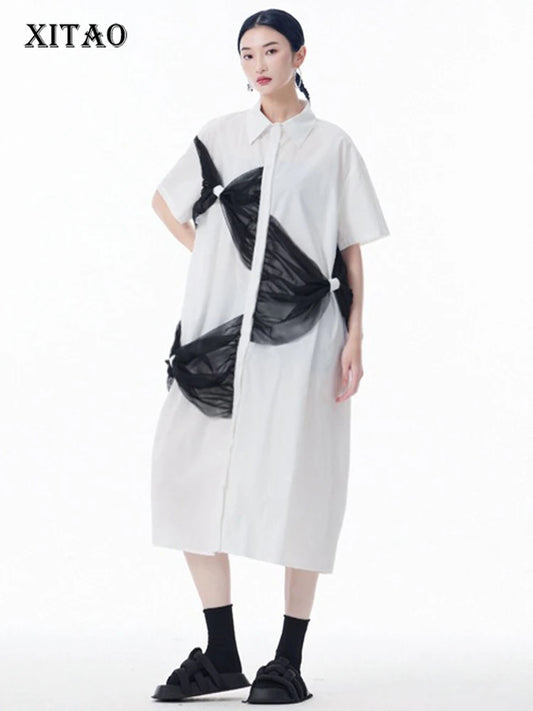 XITAO Patchwork Bow Mesh Female Shirt Dress Casual Simple Single Breasted Women Loose A-line Personality Street Dress HQQ2443