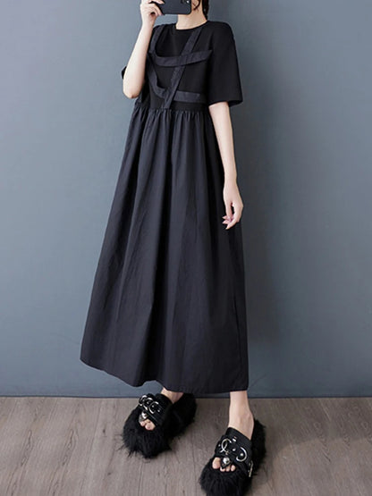 XITAO Asymmetric Pleated Patchwork O-neck Dress Casual Loose Fitting A-line Short Sleeve Thin Pullover Women Dress ZMY1044