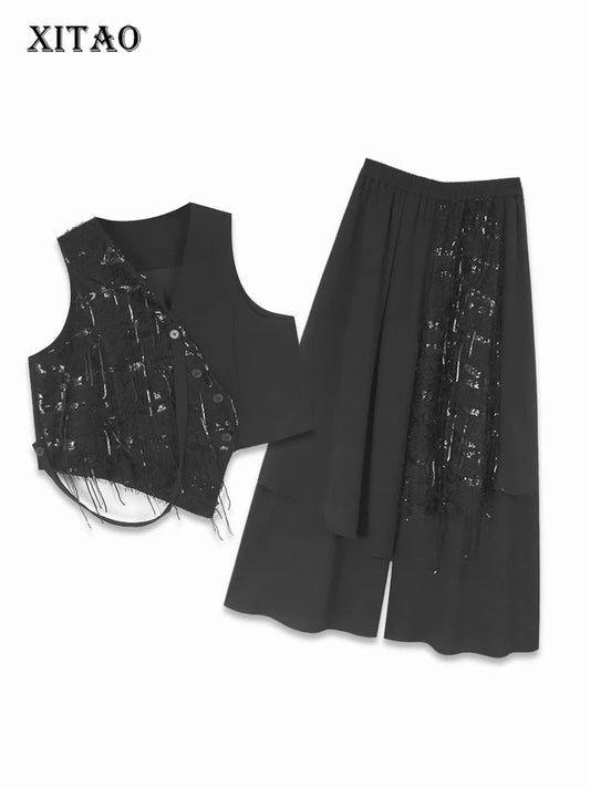 XITAO Asymmetric Patchwork Sequin Matching Set Casual Sleeveless Wide Leg Button Fashion Spring Women Dress Set HQQ2457