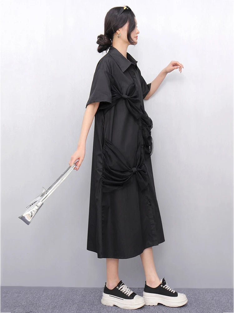XITAO Bow Mesh Single Breasted Lapel Female Dress Casual Solid Color Short Sleeve Leisure A-line Mid-calf Summer Dress HQQ2458