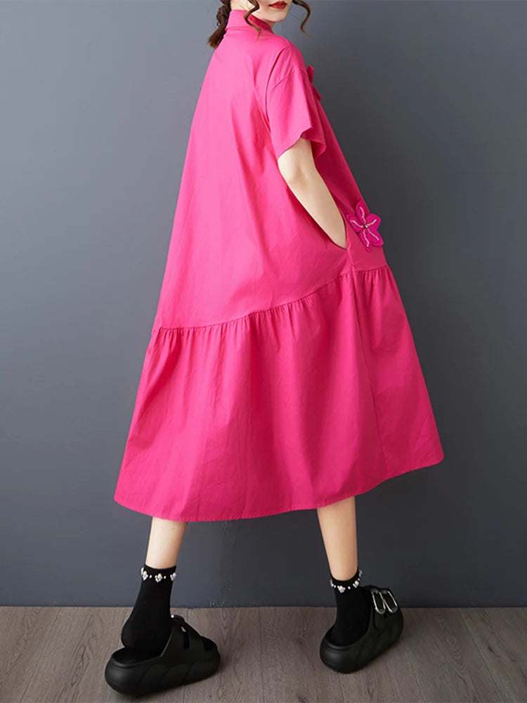 XITAO Flower Turn-down Collar Short Sleeve Dress Solid Color Irregular Patchwork Loose Casual Sweet Summer Woman Dress ZMY1386