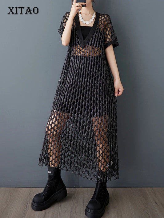 XITAO Hollow Out V-neck Short Sleeve Dress Casual Solid Color A-line Grid Loose Europe Comfortable Summer Women Dress GYX1577