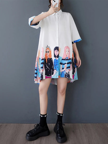 XITAO Print Single Breasted Loose Female Dress Half Sleeve Turn-down Collar Casual Cartoon Summer Women Irregular Dress ZMY1218