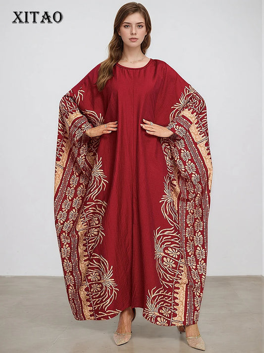 XITAO O-neck Bat Wing Sleeve Vintage Dress Side Slit Print Pullover Loose Temperament Summer Woman Ankle-length Dress GJ1191
