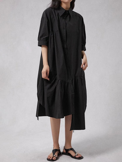 XITAO Irregular Pleated Turn-down Collar Dress Single Breasted Solid Color A-line Loose Half Sleeve Summer Female Dress GYX1656