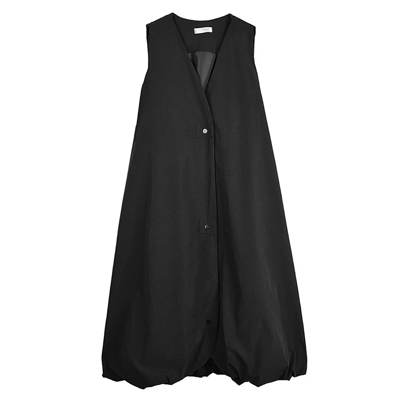 XITAO Bud Single Breasted V-neck Sleeveless Dress Casual Solid Color A-line Mid-calf New Leisure Summer Women Dress GYX1558